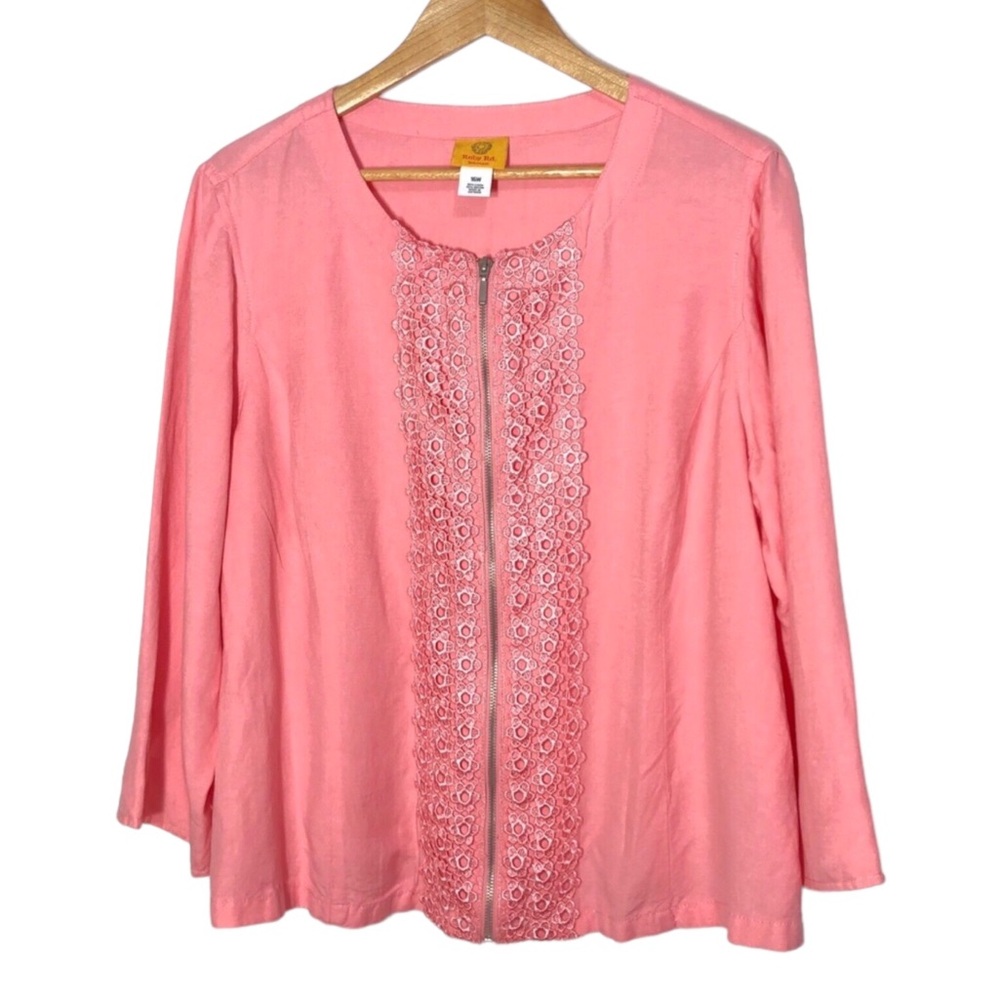 Ruby Rd Woman Linen Blend Full Zip Lace Front Shirt Spring Pink